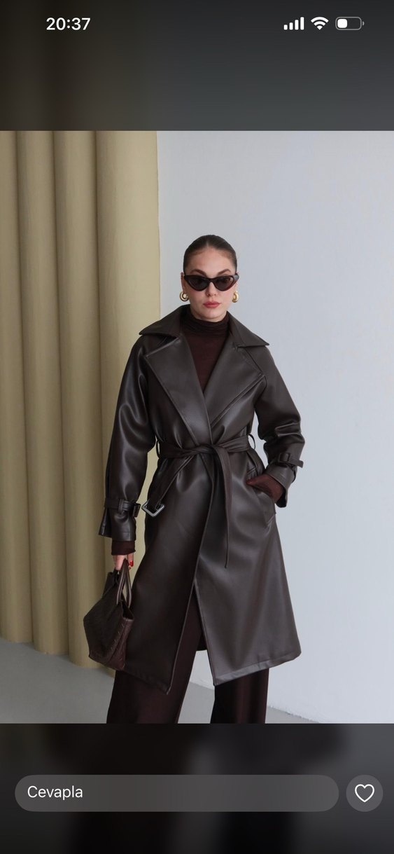 Kadın Uzun Kahverengi Drapeli Trençkot - Görsel 5