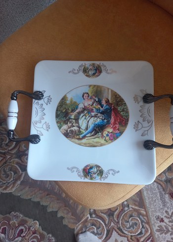 Beyaz Baskılı Kulplu Porselen Servis tabagi - Görsel 2