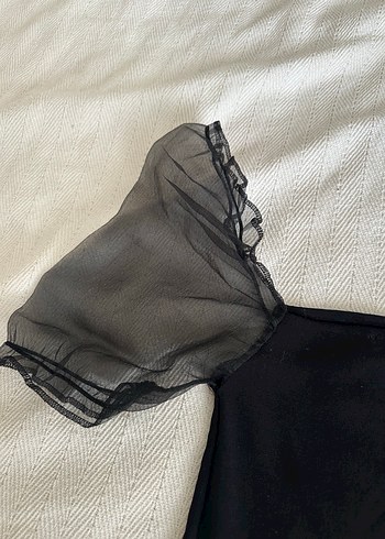 m Beden Siyah Midi Gotik Elbise, Fırfırlı Tül Kollar