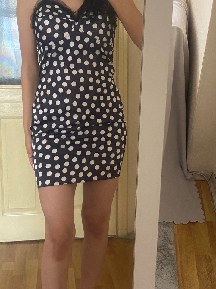 Siyah Puantiyeli Straplez Mini Elbise - Görsel 2