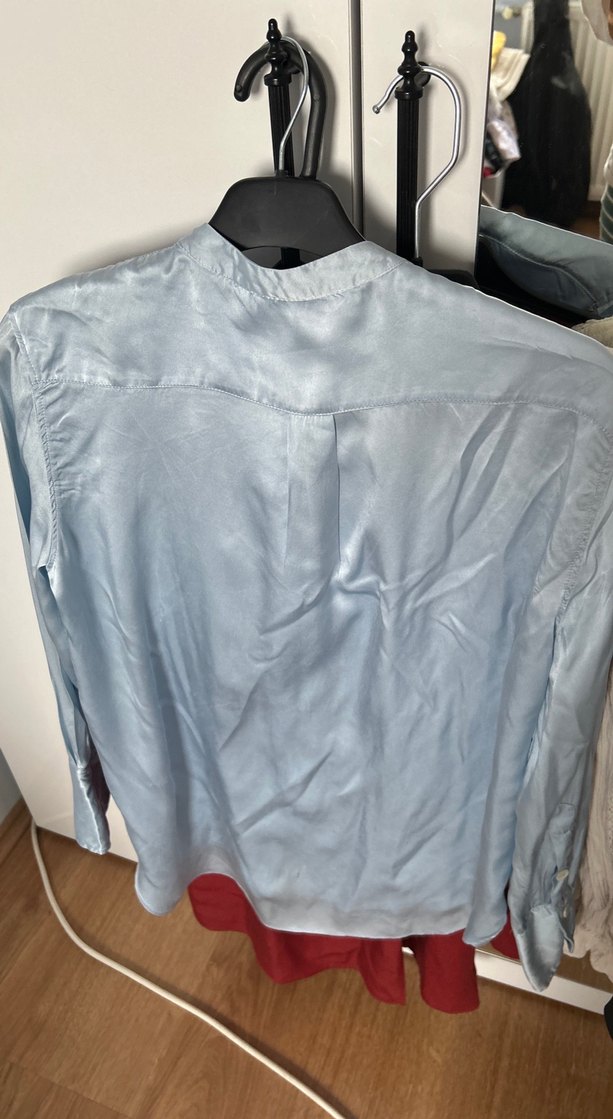 Düğmeli Mavi Saten İpek Gömlek - Görsel 3