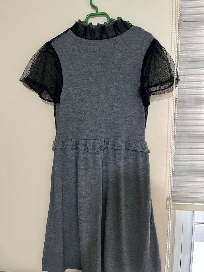 Gri Midi Gotik Pilili Kısa Kollu Elbise - Görsel 5