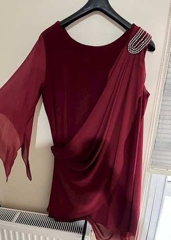 Bordo Uzun Kollu Drapeli Kadın Abiye Elbise - Görsel 2