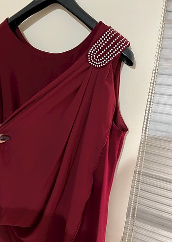 Bordo Uzun Kollu Drapeli Kadın Abiye Elbise - Görsel 4