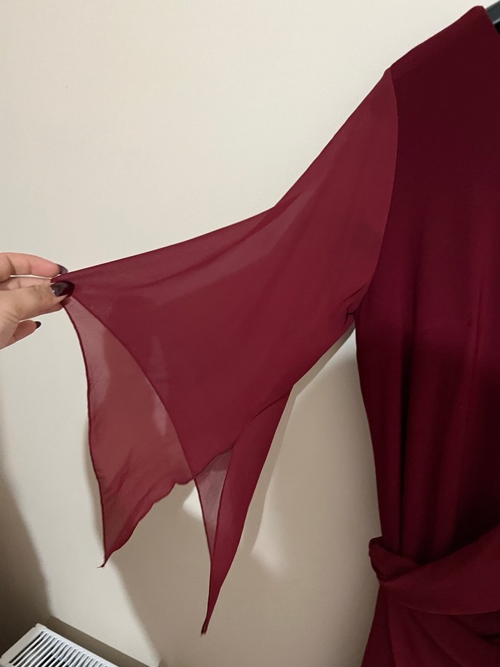 Bordo Uzun Kollu Drapeli Kadın Abiye Elbise - Görsel 3