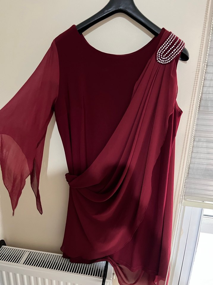 Bordo Uzun Kollu Drapeli Kadın Abiye Elbise - Görsel 2