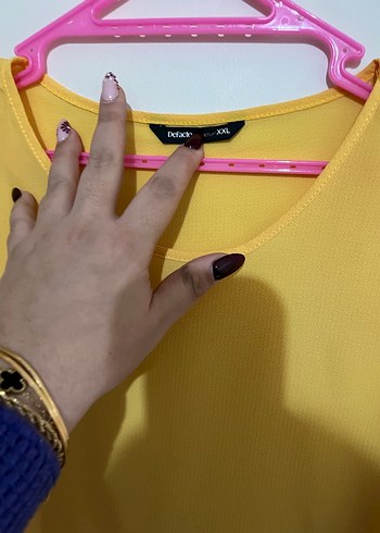 Sarı Kadın Midi Bluz, Volanlı, Kısa Kollu - Görsel 3