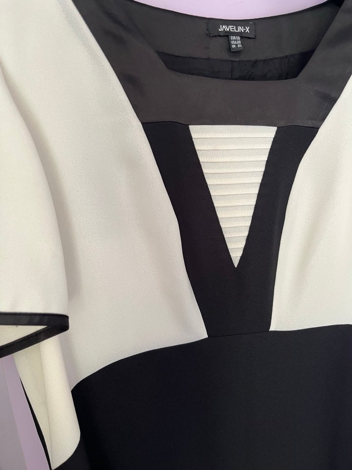 V Yaka Siyah-Beyaz Midi Ofis Elbisesi - Görsel 3