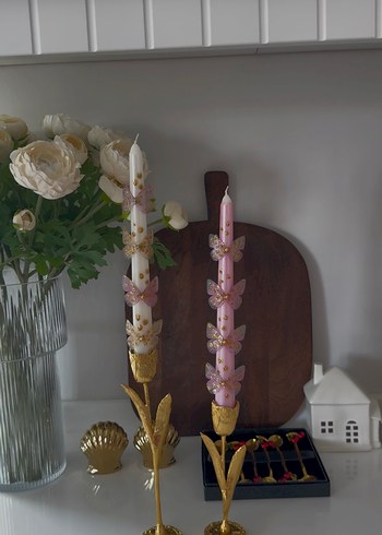 Pembe Kelebekli Dekoratif Mum ve Altın Şamdan