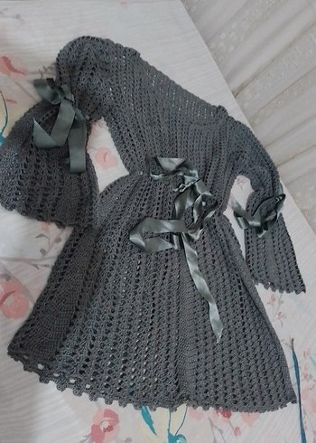 Gri el emeği kurdeleli elbise - Görsel 2