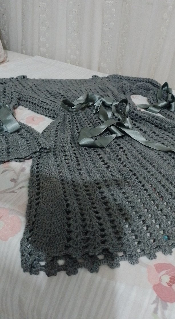 Gri el emeği kurdeleli elbise - Görsel 3