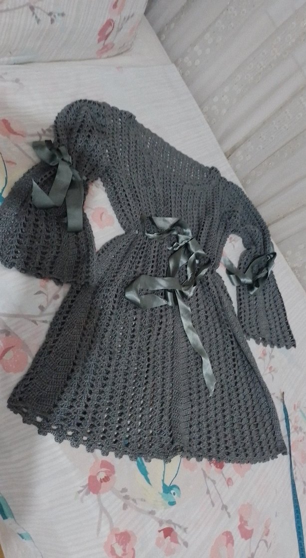 Gri el emeği kurdeleli elbise - Görsel 2