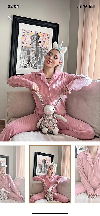 Pembe önden düğmeli peluş gecelik