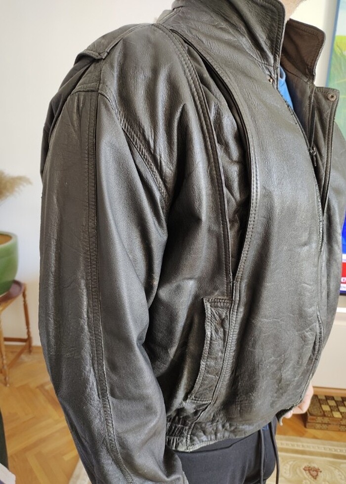 Deri ceket 80ler modasí astarlı cepli  - Görsel 4