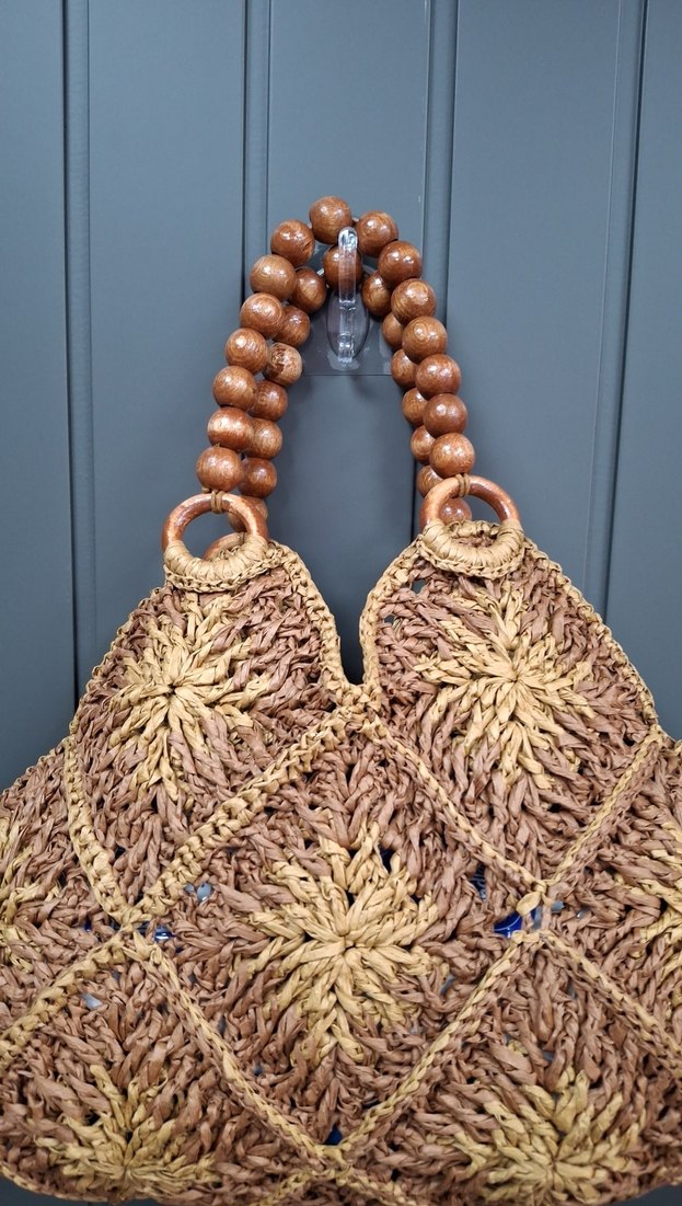 Boncuklu Nakışlı Bej Örgü Kadın Çanta - Görsel 2