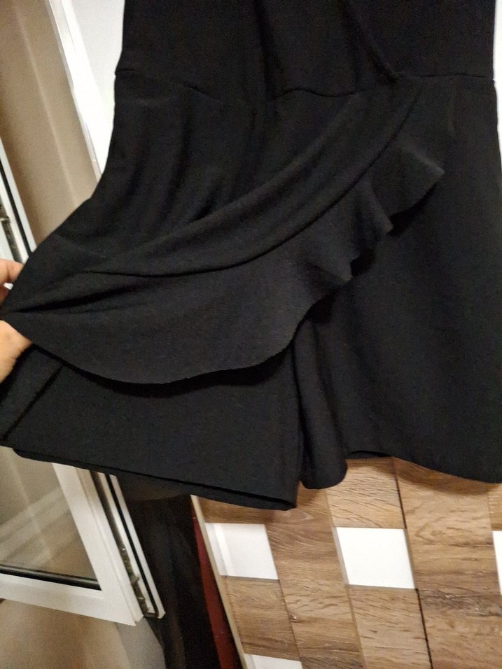 Siyah Drapeli V Yakalı Mini Kadın tulum - Görsel 2