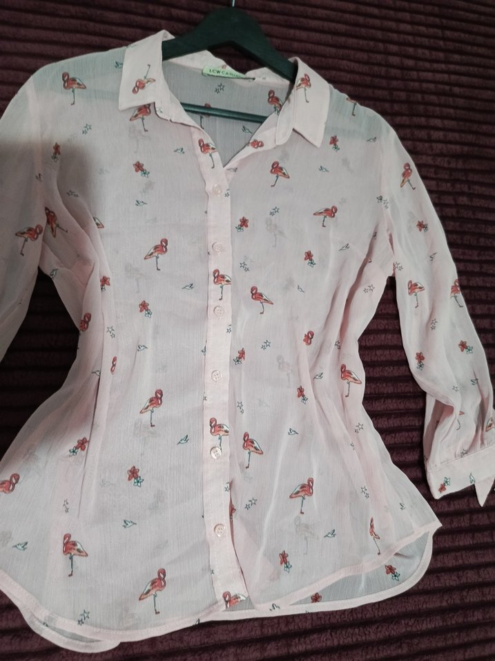 Pembe Flamingo Desenli Uzun Kollu Kolları Fiyonklu Kadın Gömlek - Görsel 2