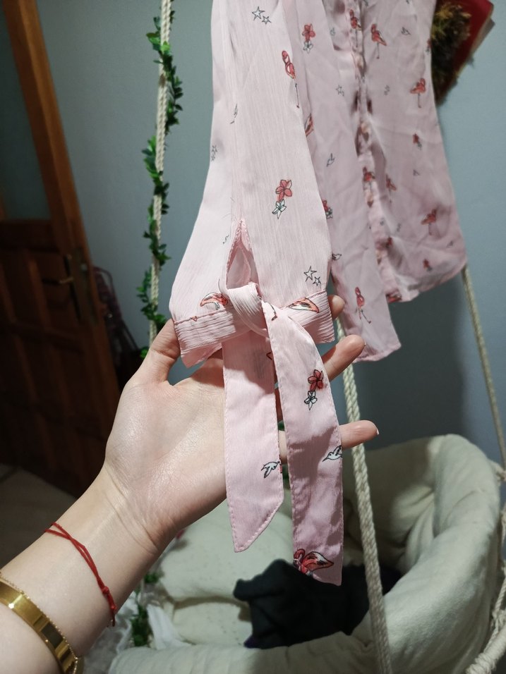 Pembe Flamingo Desenli Uzun Kollu Kolları Fiyonklu Kadın Gömlek - Görsel 3