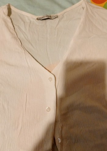 Beyaz V Yaka Düğmeli  Bluz - Görsel 5