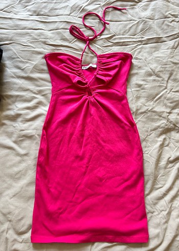 Zara Pembe Straplez Mini Elbise