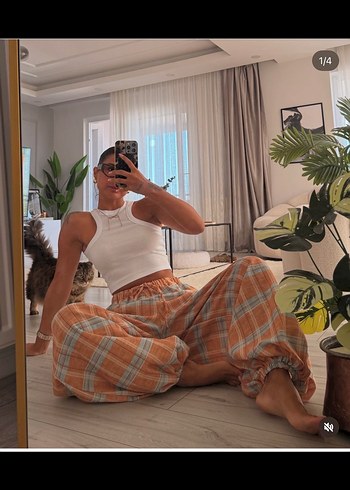 Zara Batik Desenli Turuncu Kemerli Pamuk Pantolon