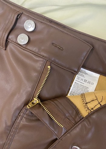 Düğmeli Kahverengi Deri Mini Etek - Görsel 4