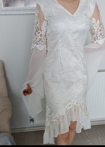 Uzun Kollu Beyaz Dantel Mini Bohem Elbise - Görsel 2