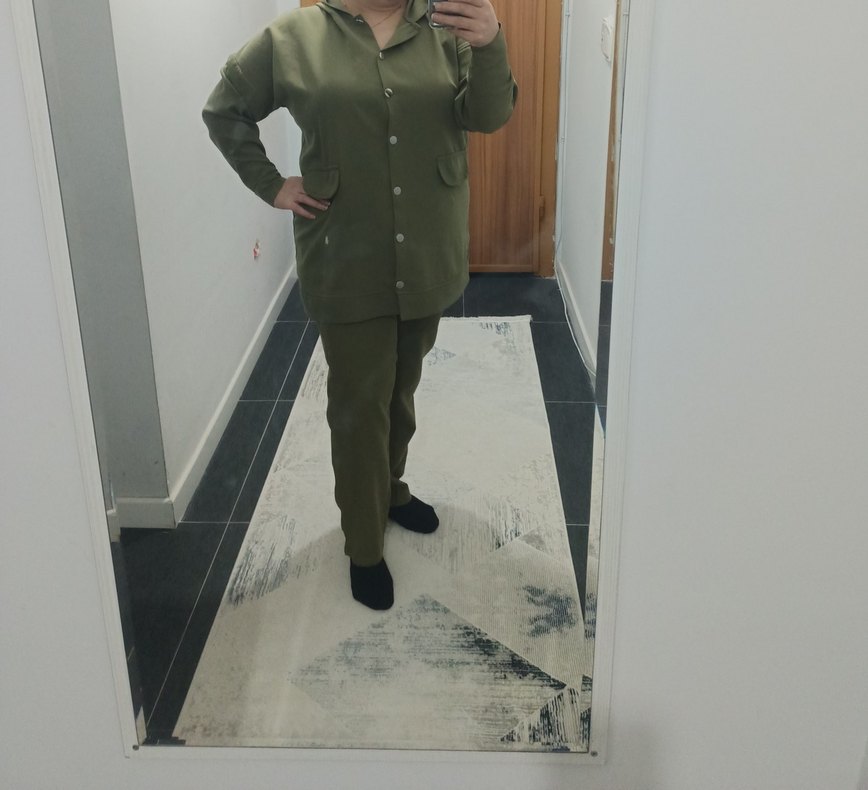 Kadın Haki Kapüşonlu Düğmeli Rahat Takım - Görsel 2