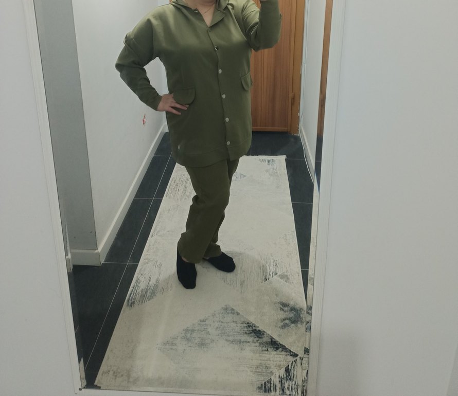 Kadın Haki Kapüşonlu Düğmeli Rahat Takım - Görsel 3