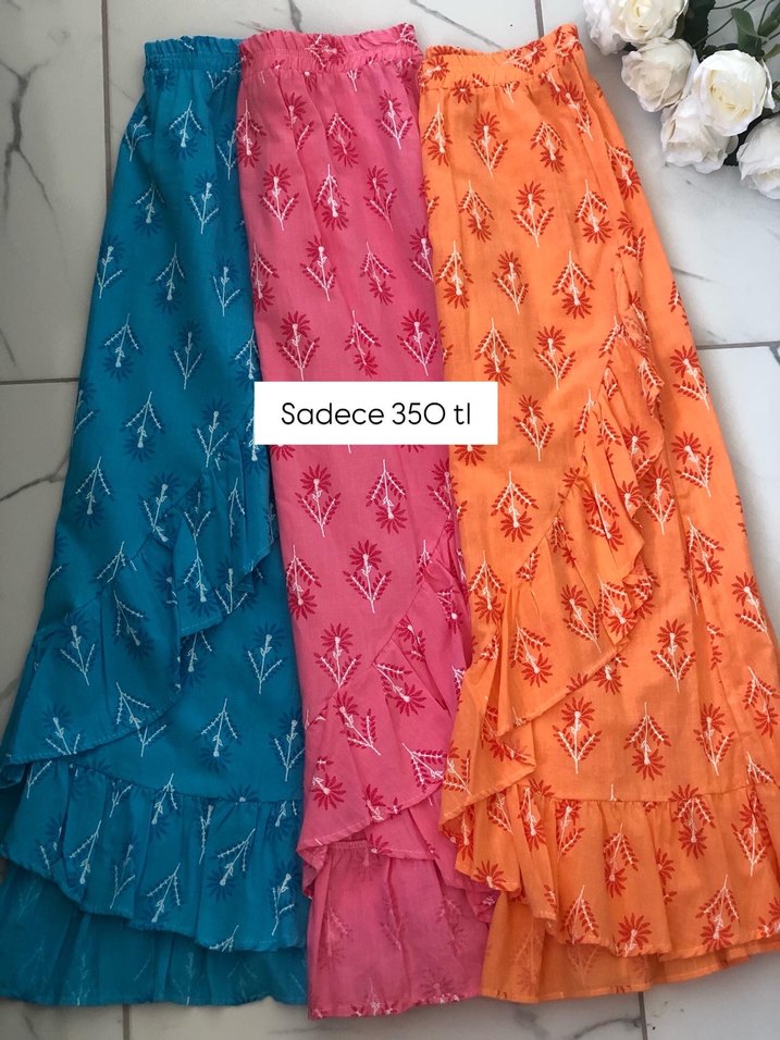 Turkuaz Bohem Uzun Etek Fırfırlı Desenli - Görsel 4