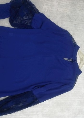 Uzun Kollu Lacivert Fırfırlı Kadın Bluz - Görsel 3