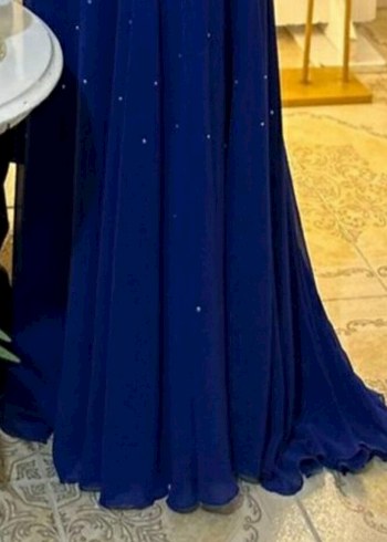 Koyu Mavi İşlemeli Drapeli Uzun Abiye Elbise - Görsel 7