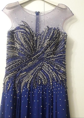 Koyu Mavi İşlemeli Drapeli Uzun Abiye Elbise - Görsel 4