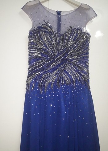 Koyu Mavi İşlemeli Drapeli Uzun Abiye Elbise - Görsel 8