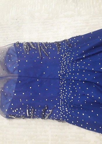 Koyu Mavi İşlemeli Drapeli Uzun Abiye Elbise - Görsel 2