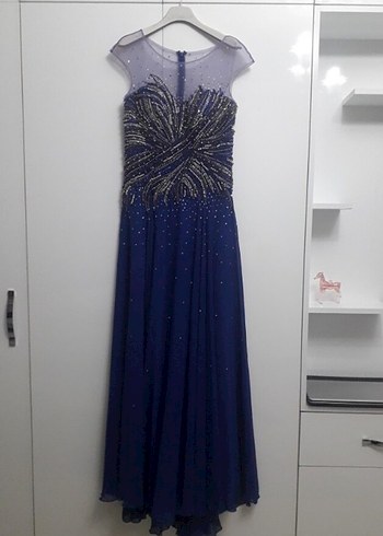 Koyu Mavi İşlemeli Drapeli Uzun Abiye Elbise - Görsel 3