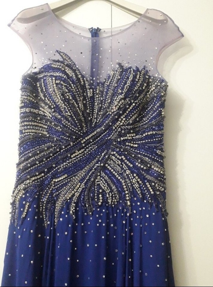 Koyu Mavi İşlemeli Drapeli Uzun Abiye Elbise - Görsel 4