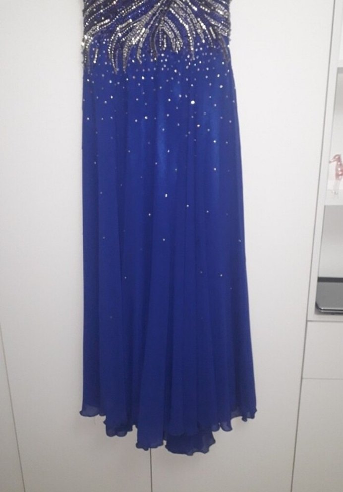 Koyu Mavi İşlemeli Drapeli Uzun Abiye Elbise - Görsel 5