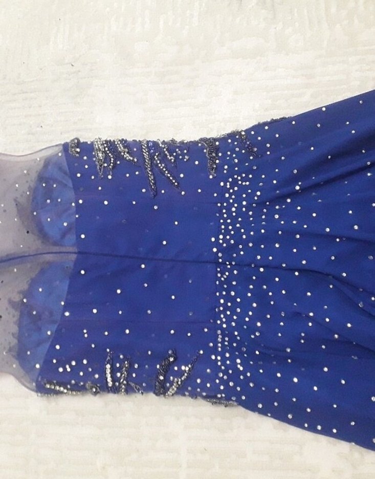 Koyu Mavi İşlemeli Drapeli Uzun Abiye Elbise - Görsel 2