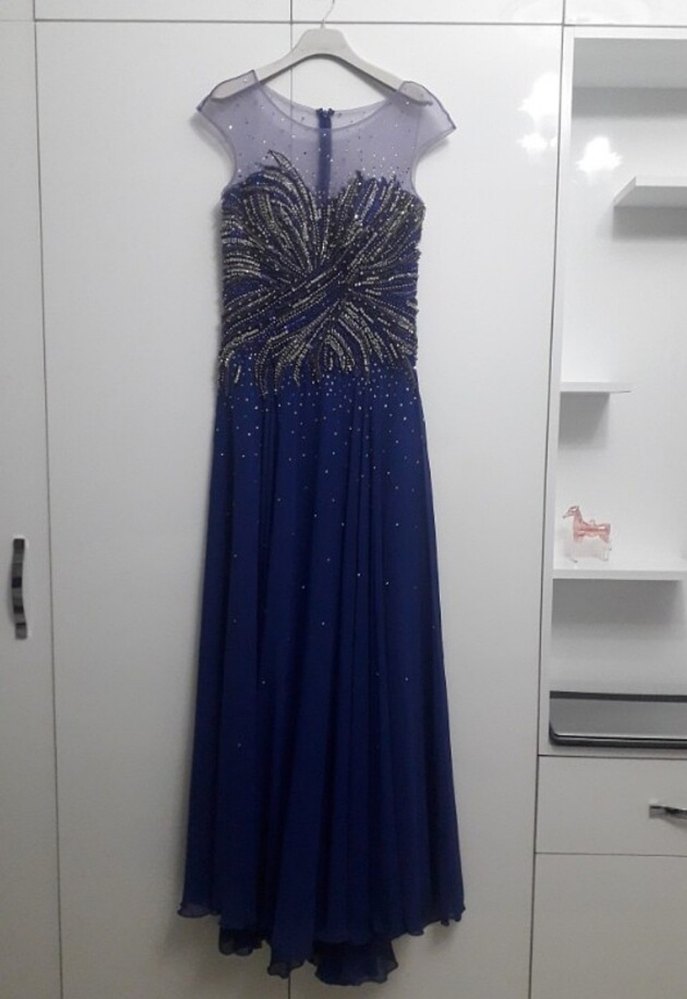 Koyu Mavi İşlemeli Drapeli Uzun Abiye Elbise - Görsel 3