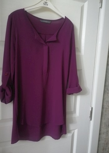 Bordo V Yaka Düğmeli Midi Kadın Tunik - Görsel 2