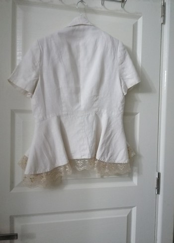 Düğmeli Kısa Beyaz Keten Kadın Blazer - Görsel 2