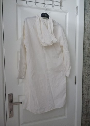 Beyaz Uzun kapşunlu saf Keten trençkot - Görsel 2