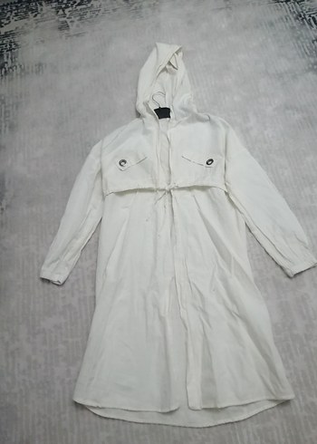 Beyaz Uzun kapşunlu saf Keten trençkot - Görsel 3