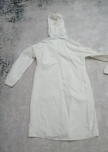 Beyaz Uzun kapşunlu saf Keten trençkot - Görsel 4