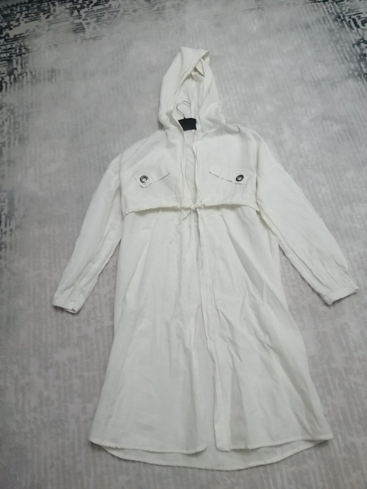 Beyaz Uzun kapşunlu saf Keten trençkot - Görsel 3