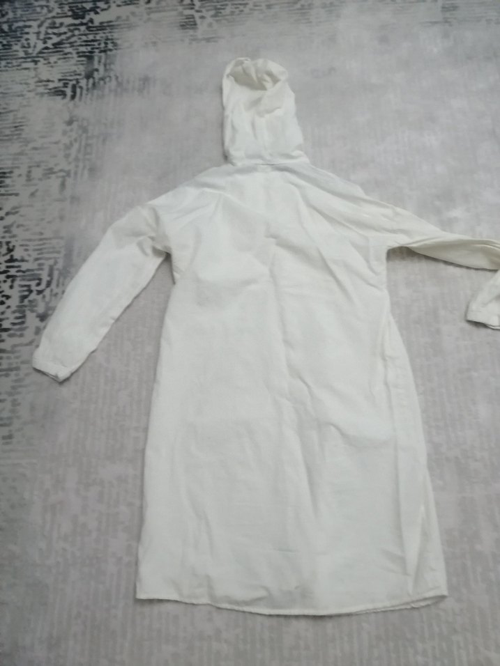 Beyaz Uzun kapşunlu saf Keten trençkot - Görsel 4