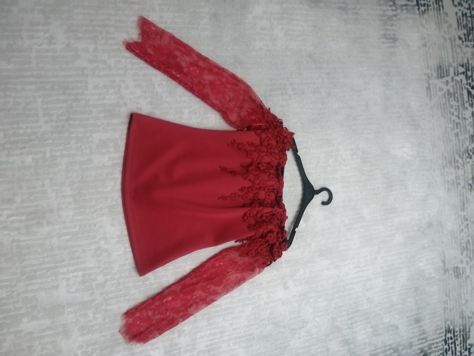 Kırmızı Dantelli  Straplez Abiye bluz - Görsel 2