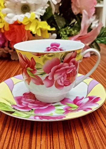 Pembe Çiçek Desenli Renkli Porselen Fincan Takımı