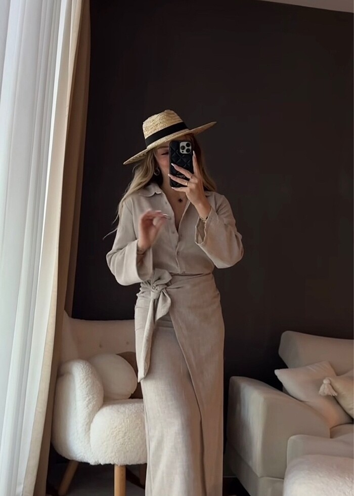 Yandan bağlamalı etek gömlek takım - Görsel 2